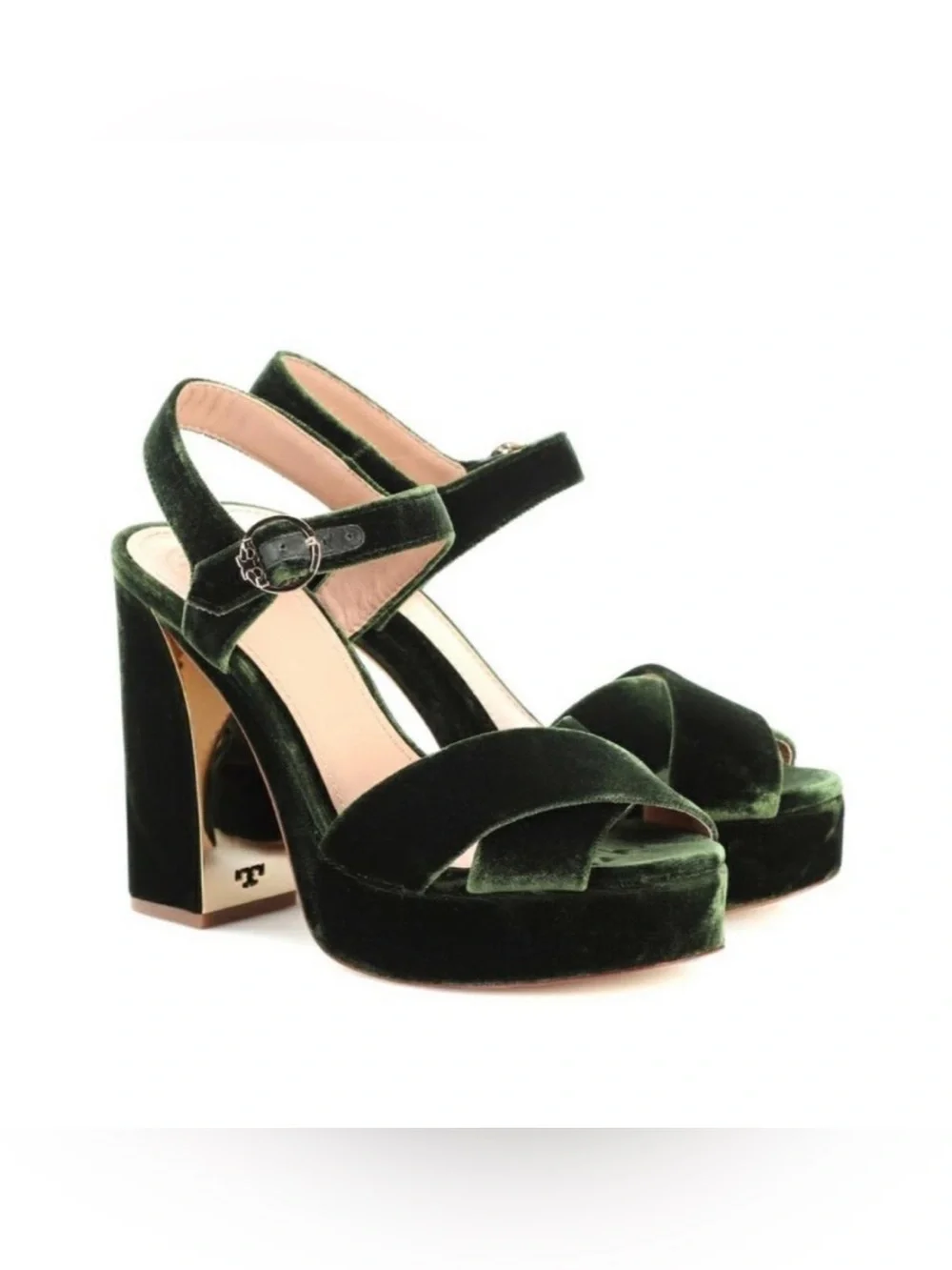 Tory Burch Loretta Dark Green Velvet Platform Heel Sandals (7.5)
